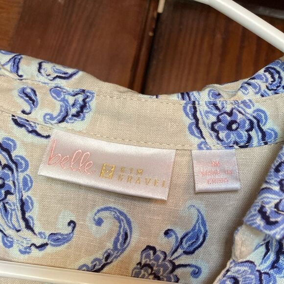 Belle by Kim Gravel True Blue Popover Tan Linen Rayon Blend Collared Blouse M - Picture 3 of 8